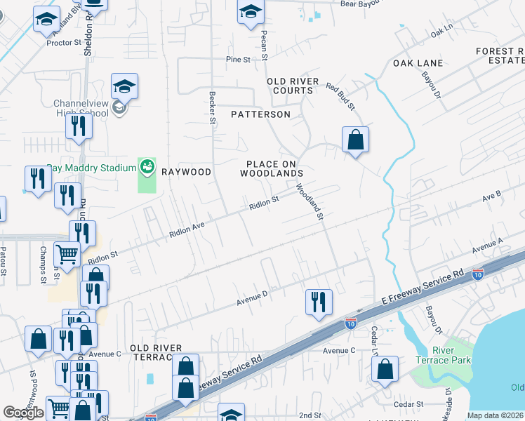map of restaurants, bars, coffee shops, grocery stores, and more near 16128 Ridlon Street in Channelview