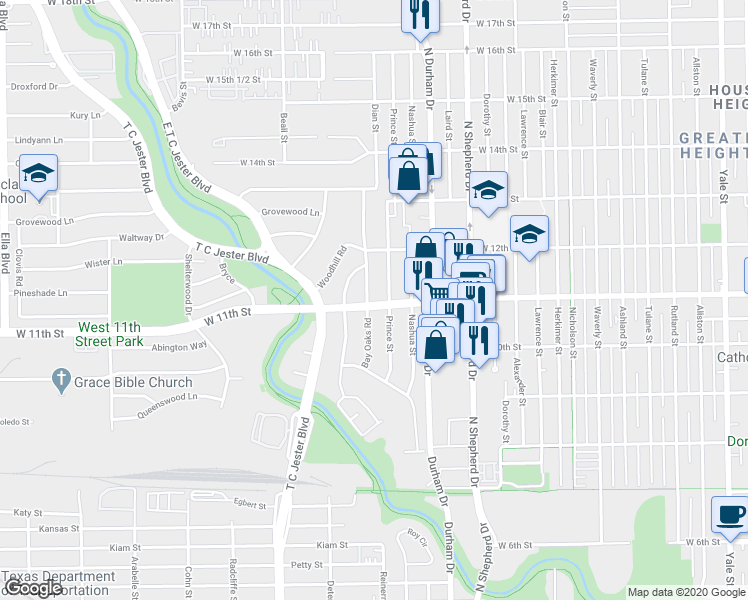 map of restaurants, bars, coffee shops, grocery stores, and more near 1027 Prince Street in Houston
