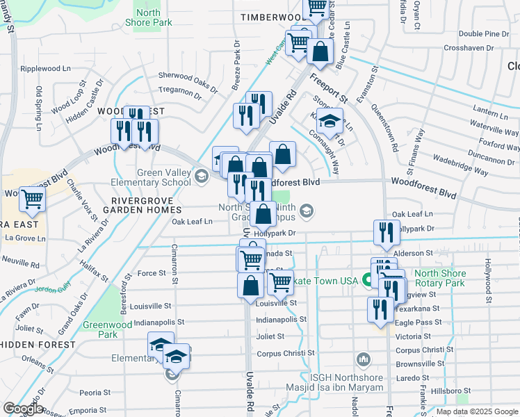 map of restaurants, bars, coffee shops, grocery stores, and more near 445 White Cedar Drive in Houston