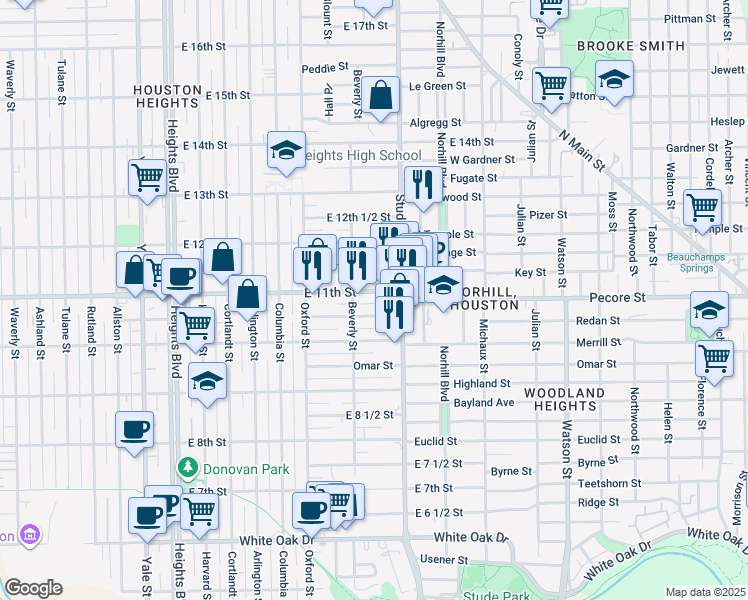 map of restaurants, bars, coffee shops, grocery stores, and more near 711 East 10 1/2 Street in Houston