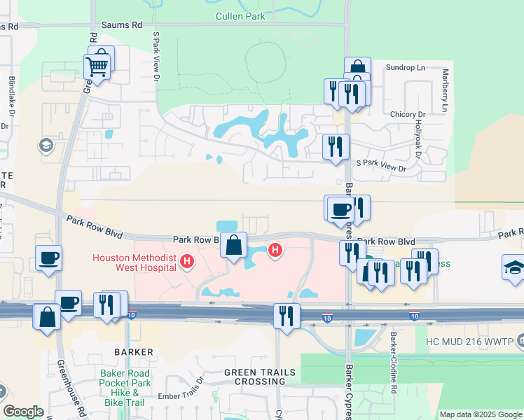 map of restaurants, bars, coffee shops, grocery stores, and more near 18036 Park Row Boulevard in Houston