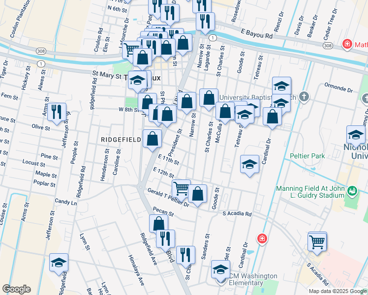 map of restaurants, bars, coffee shops, grocery stores, and more near 1100 Bourbon St in Thibodaux