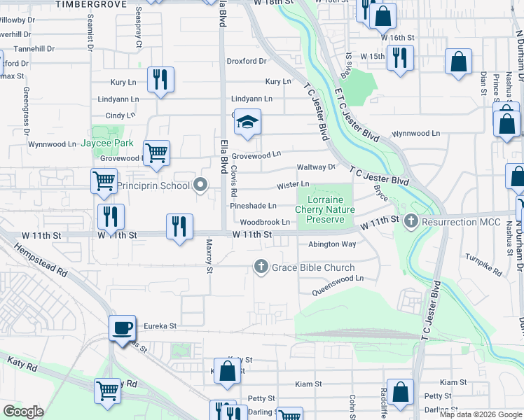 map of restaurants, bars, coffee shops, grocery stores, and more near 6330 Woodbrook Lane in Houston