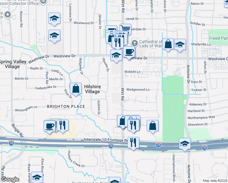 map of restaurants, bars, coffee shops, grocery stores, and more near 1203 Wirt Road in Houston