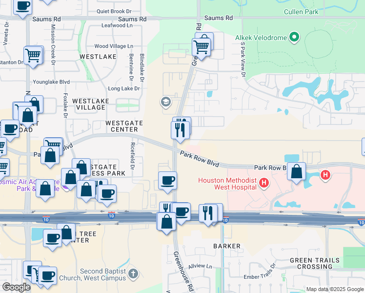 map of restaurants, bars, coffee shops, grocery stores, and more near 1922 Greenhouse Road in Houston