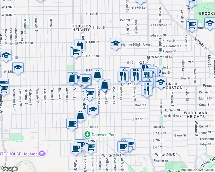 map of restaurants, bars, coffee shops, grocery stores, and more near 402 East 11th Street in Houston