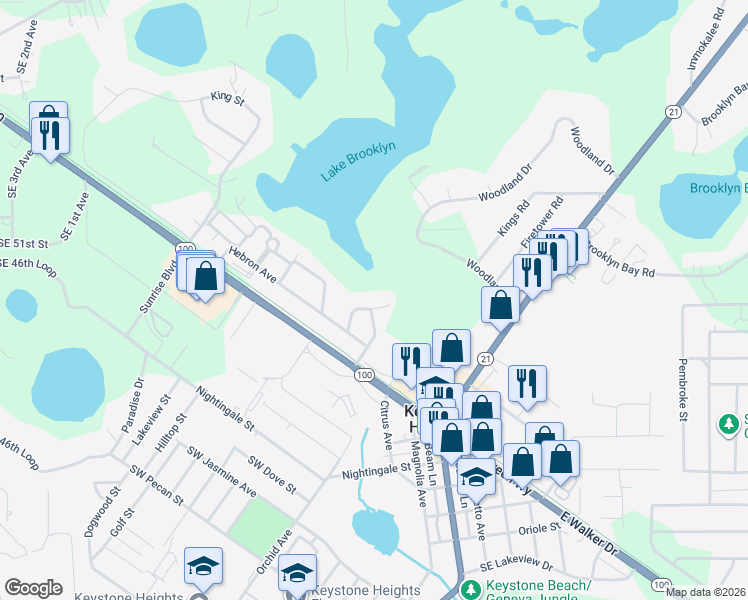 map of restaurants, bars, coffee shops, grocery stores, and more near 245 Northwest Berea Avenue in Keystone Heights