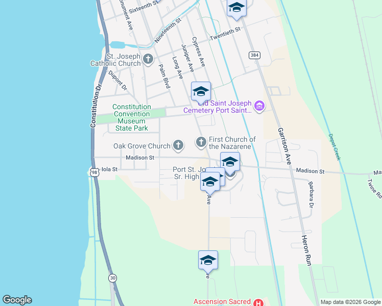 map of restaurants, bars, coffee shops, grocery stores, and more near 1021 Madison Street in Port St. Joe
