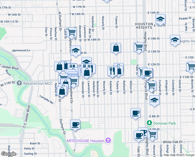 map of restaurants, bars, coffee shops, grocery stores, and more near West 11th Street & Nicholson Street in Houston