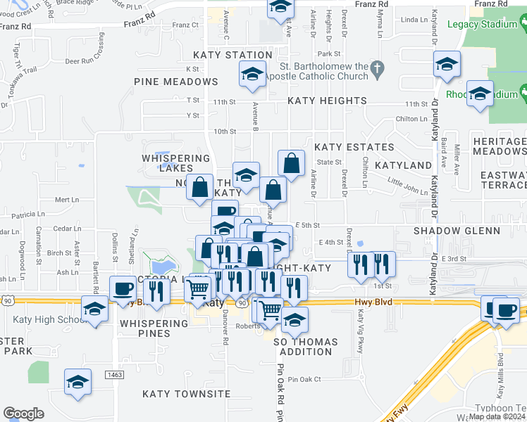 map of restaurants, bars, coffee shops, grocery stores, and more near 5605 George Bush Drive in Katy