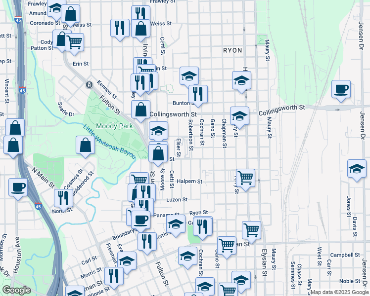 map of restaurants, bars, coffee shops, grocery stores, and more near 3300 Elser Street in Houston