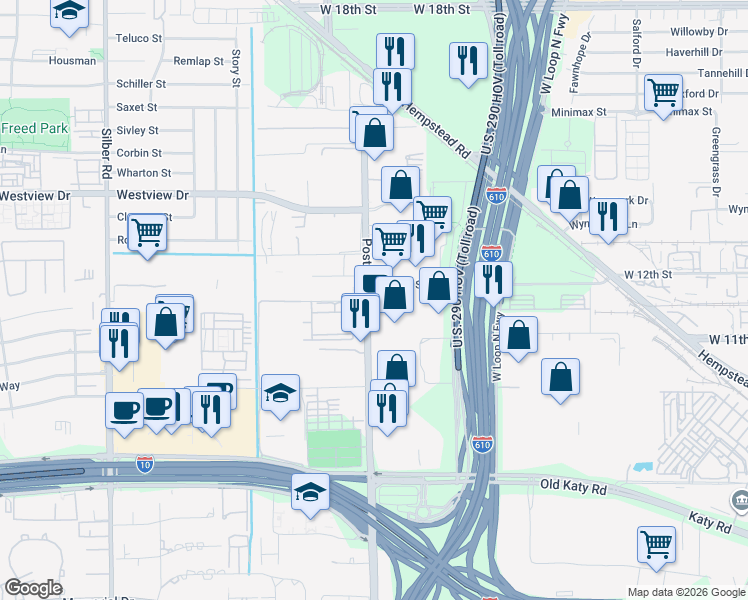 map of restaurants, bars, coffee shops, grocery stores, and more near 1228 North Post Oak Road in Houston