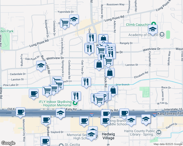 map of restaurants, bars, coffee shops, grocery stores, and more near 1106 Yellow Place in Houston