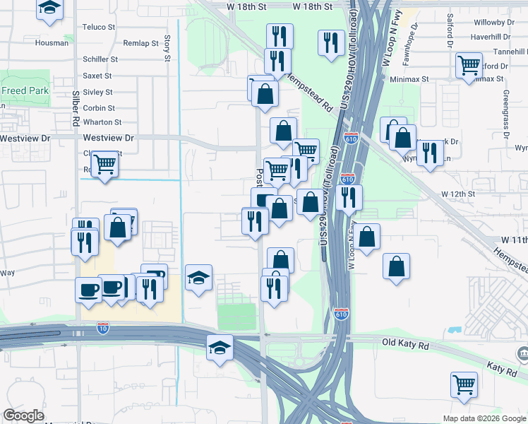 map of restaurants, bars, coffee shops, grocery stores, and more near 1228 North Post Oak Road in Houston