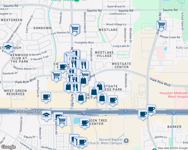 map of restaurants, bars, coffee shops, grocery stores, and more near Foxlake Drive in Houston