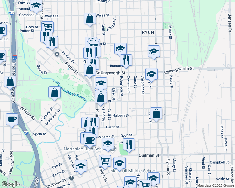 map of restaurants, bars, coffee shops, grocery stores, and more near 3300 Elser Street in Houston