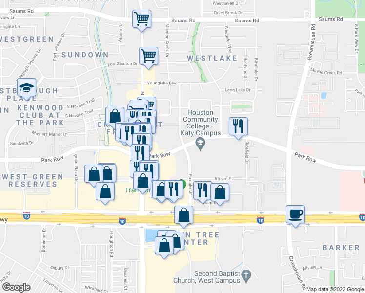 map of restaurants, bars, coffee shops, grocery stores, and more near 19706 Park Row Drive in Houston