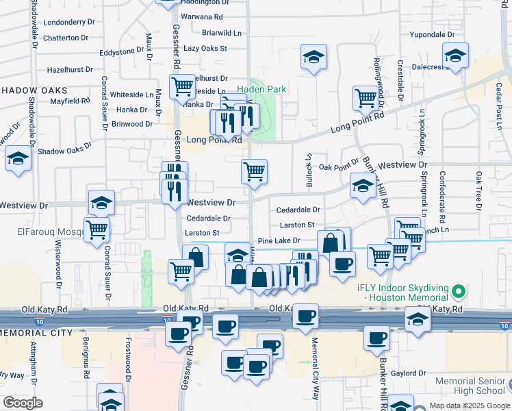 map of restaurants, bars, coffee shops, grocery stores, and more near 1202 Witte Road in Houston