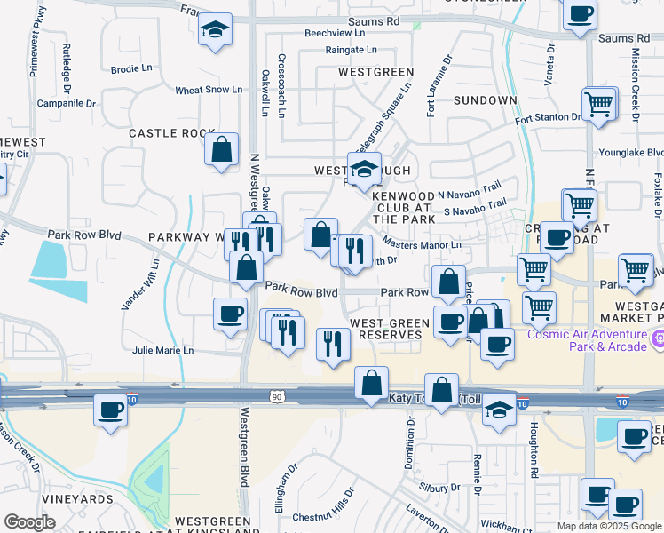 map of restaurants, bars, coffee shops, grocery stores, and more near 20290 Park Row Drive in Katy