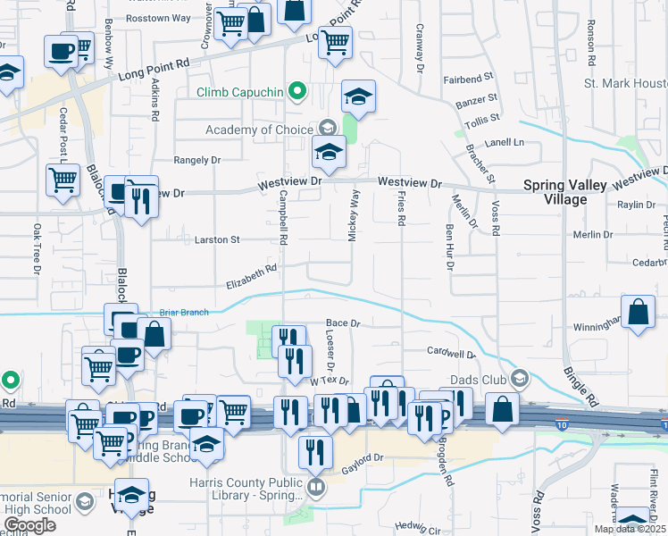 map of restaurants, bars, coffee shops, grocery stores, and more near 9005 Randy Drive in Houston