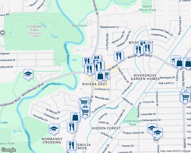 map of restaurants, bars, coffee shops, grocery stores, and more near 548 Normandy Street in Houston