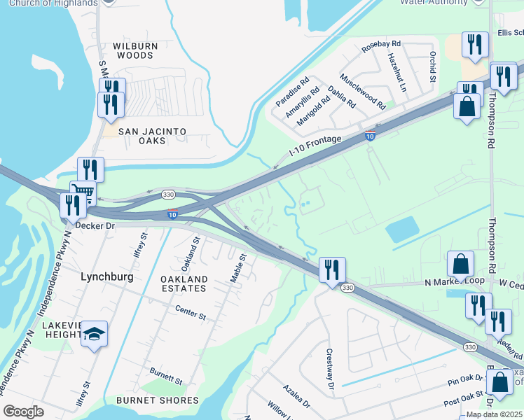 map of restaurants, bars, coffee shops, grocery stores, and more near 7510 Decker Drive in Baytown