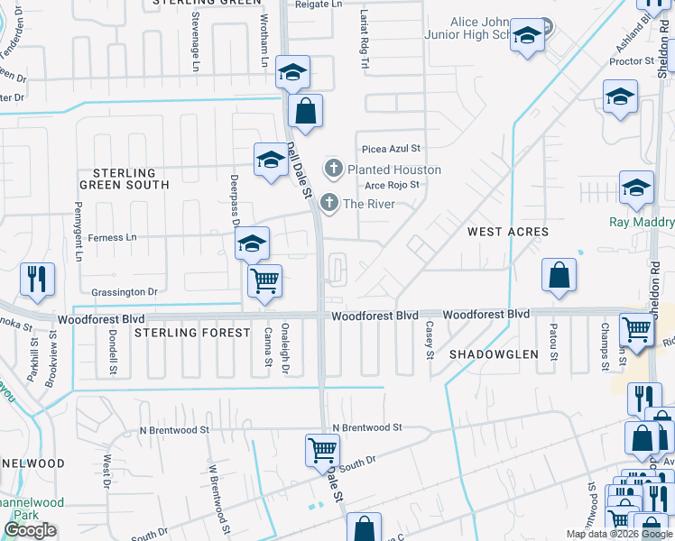map of restaurants, bars, coffee shops, grocery stores, and more near 906 Rancho Grande Drive in Channelview