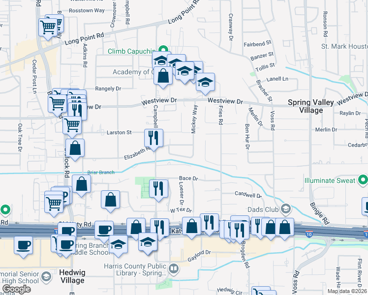 map of restaurants, bars, coffee shops, grocery stores, and more near 9005 Randy Drive in Houston