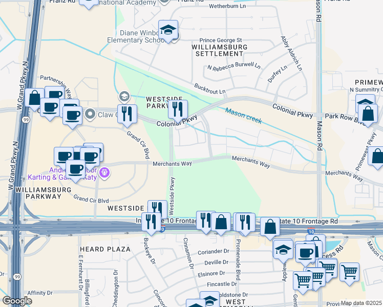 map of restaurants, bars, coffee shops, grocery stores, and more near Merchants Way in Katy
