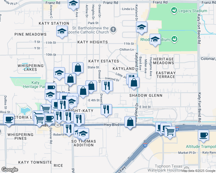 map of restaurants, bars, coffee shops, grocery stores, and more near 5370 East 5th Street in Katy