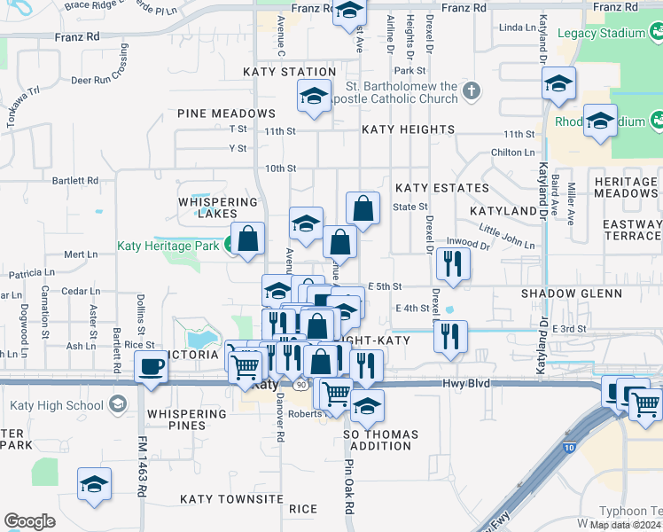 map of restaurants, bars, coffee shops, grocery stores, and more near 5608 5th Street in Katy