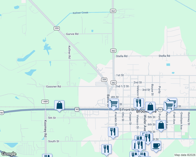 map of restaurants, bars, coffee shops, grocery stores, and more near 1211 Farm to Market 359 in Brookshire