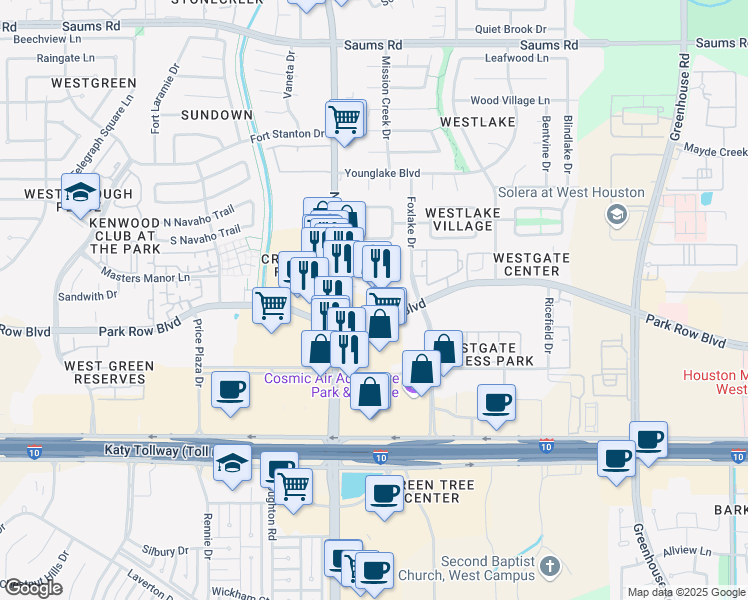 map of restaurants, bars, coffee shops, grocery stores, and more near 1718 Fry Road in Houston