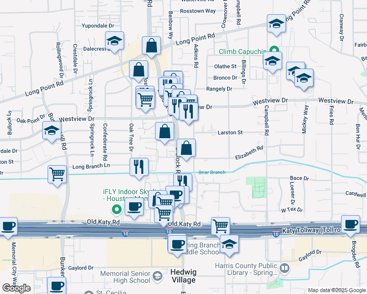 map of restaurants, bars, coffee shops, grocery stores, and more near 1260 Blalock Road in Houston
