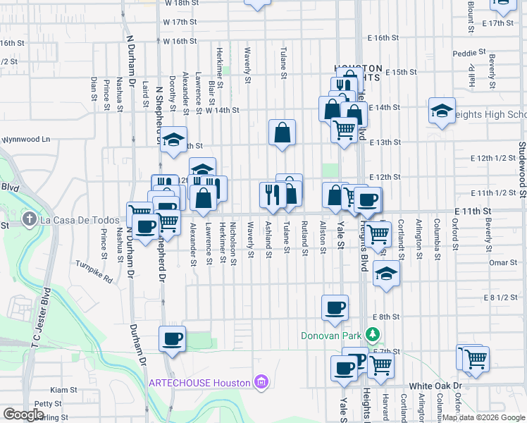 map of restaurants, bars, coffee shops, grocery stores, and more near 1128 Ashland Street in Houston