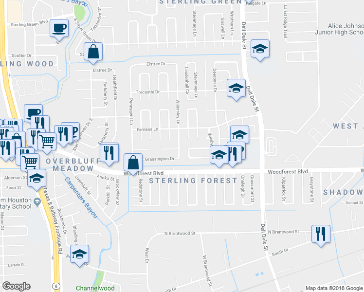 map of restaurants, bars, coffee shops, grocery stores, and more near 920 Willersley Lane in Channelview