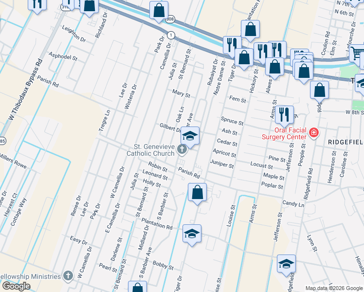map of restaurants, bars, coffee shops, grocery stores, and more near 839 Barbier Avenue in Thibodaux