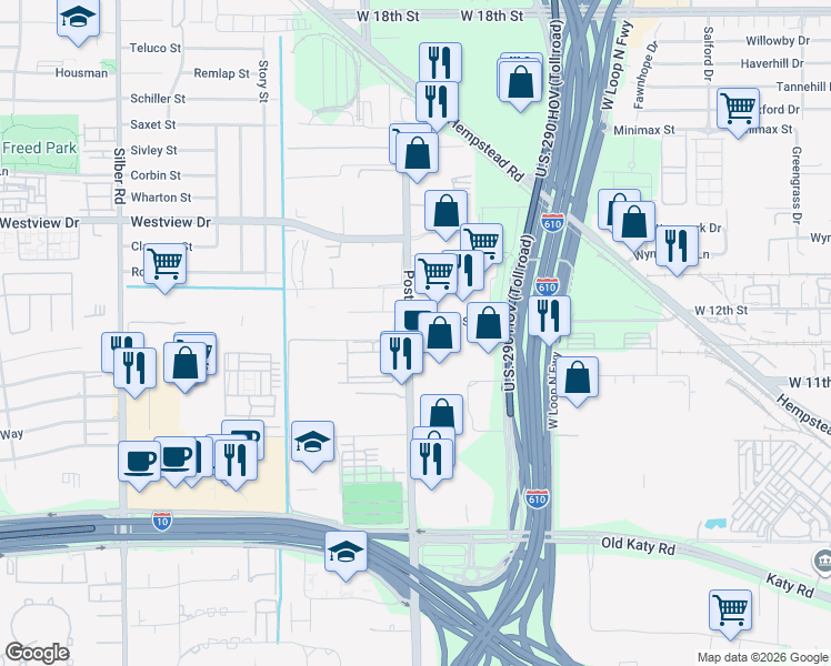 map of restaurants, bars, coffee shops, grocery stores, and more near in Houston