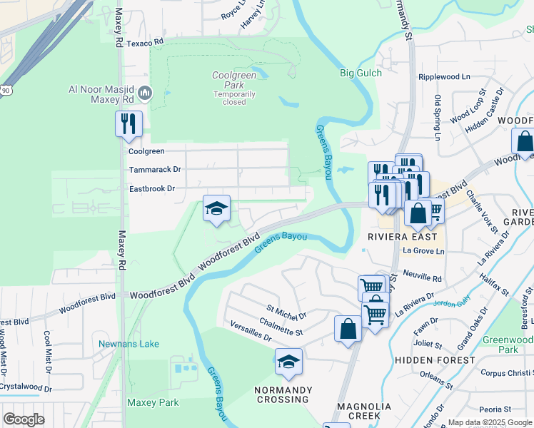 map of restaurants, bars, coffee shops, grocery stores, and more near 12834 Eastbrook Drive in Houston
