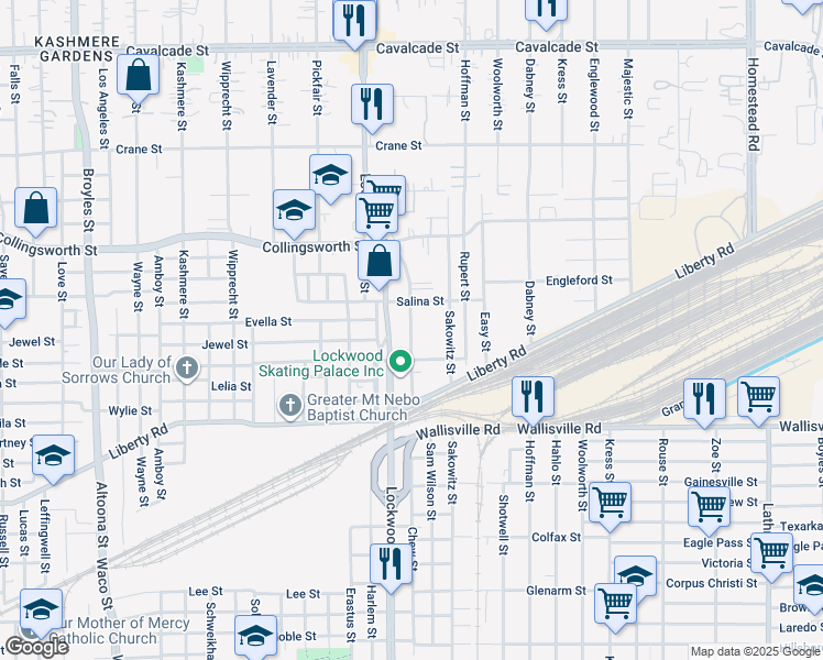 map of restaurants, bars, coffee shops, grocery stores, and more near 5512 Salina Street in Houston