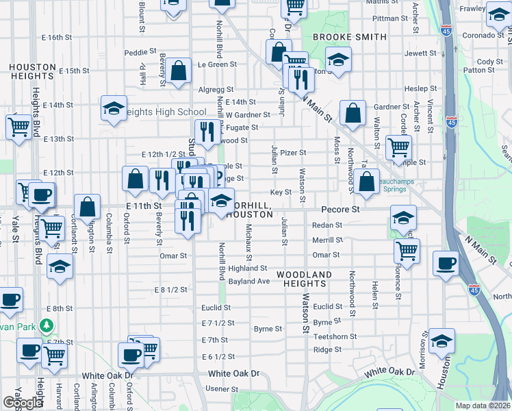 map of restaurants, bars, coffee shops, grocery stores, and more near 919 Key Street in Houston
