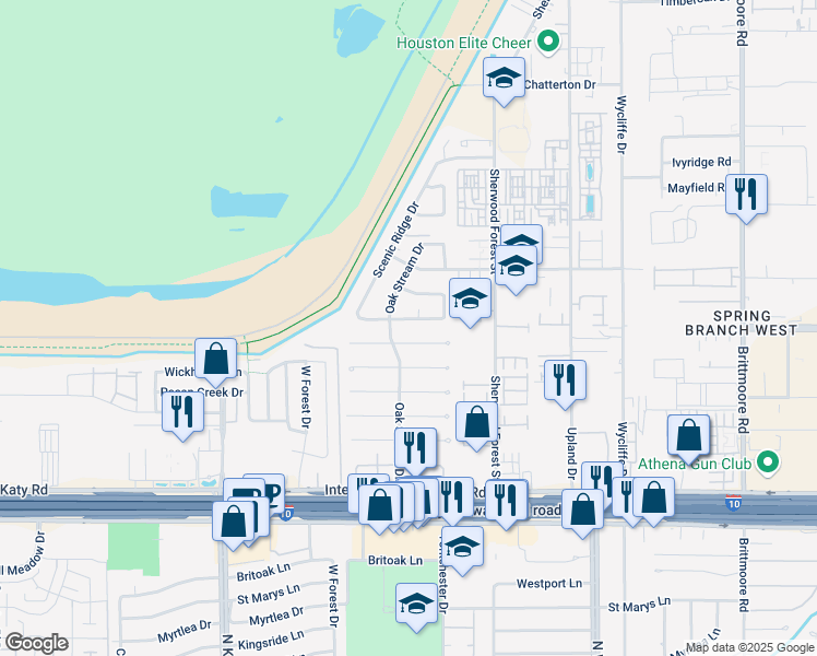 map of restaurants, bars, coffee shops, grocery stores, and more near 11314 Oak Spring Drive in Houston