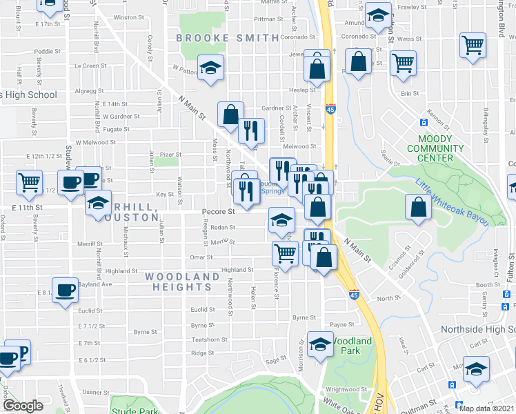 map of restaurants, bars, coffee shops, grocery stores, and more near 427 Pecore Street in Houston