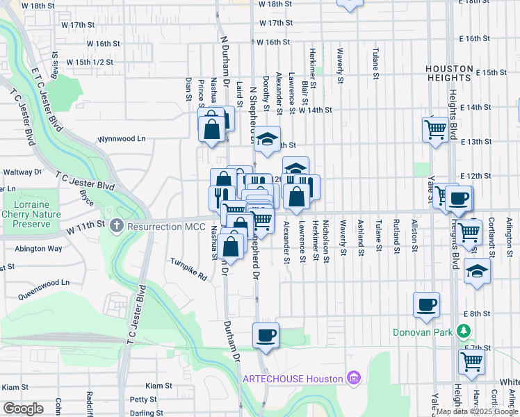 map of restaurants, bars, coffee shops, grocery stores, and more near 1127 Dorothy Street in Houston