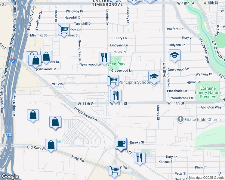 map of restaurants, bars, coffee shops, grocery stores, and more near 3483 West 12th Street in Houston