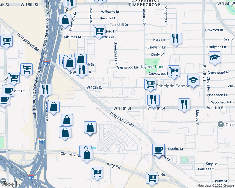 map of restaurants, bars, coffee shops, grocery stores, and more near 3545 West 12th Street in Houston