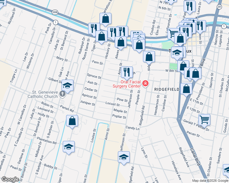 map of restaurants, bars, coffee shops, grocery stores, and more near 603 Cypress Street in Thibodaux