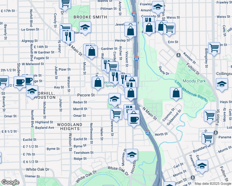 map of restaurants, bars, coffee shops, grocery stores, and more near 3803 Beauchamp Street in Houston
