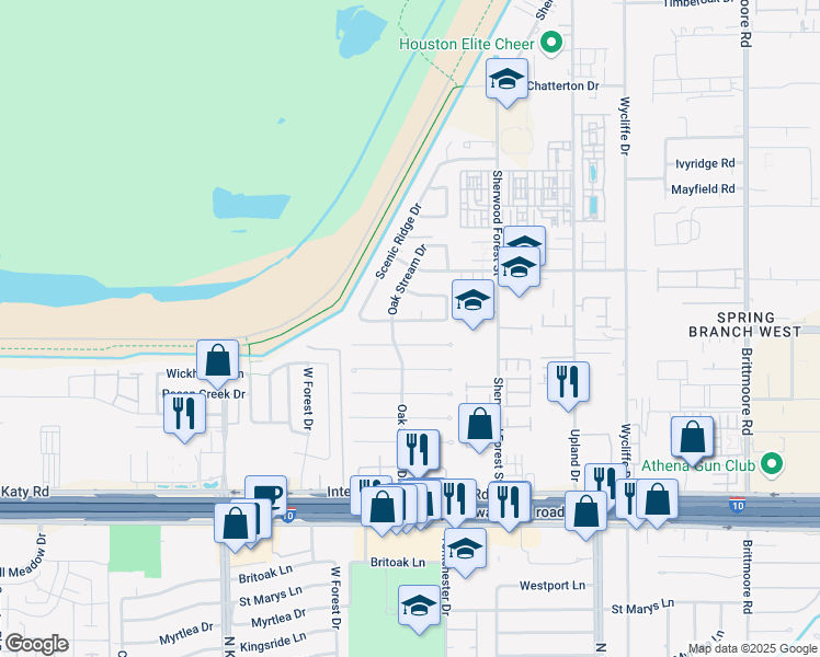 map of restaurants, bars, coffee shops, grocery stores, and more near 11314 Oak Spring Drive in Houston