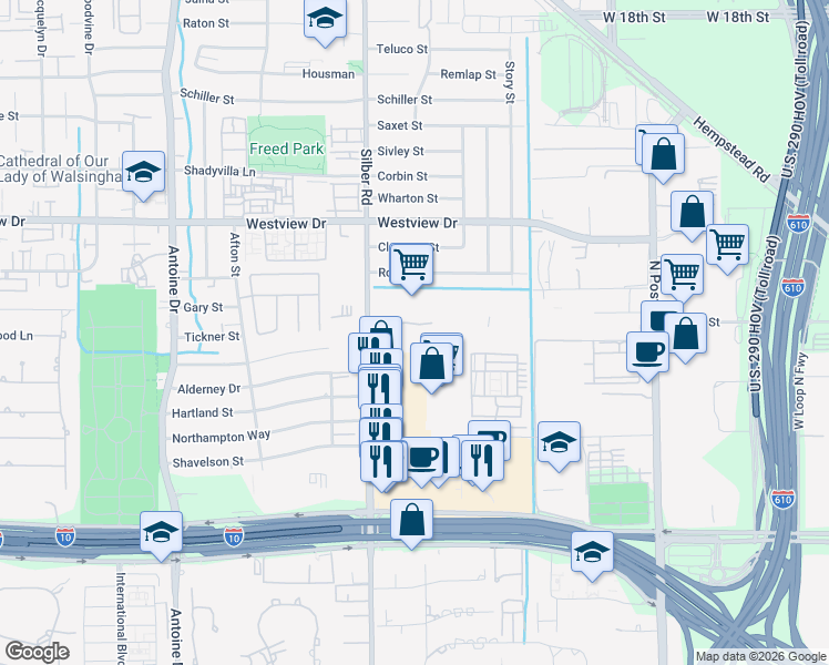 map of restaurants, bars, coffee shops, grocery stores, and more near 1148 Silber Road in Houston